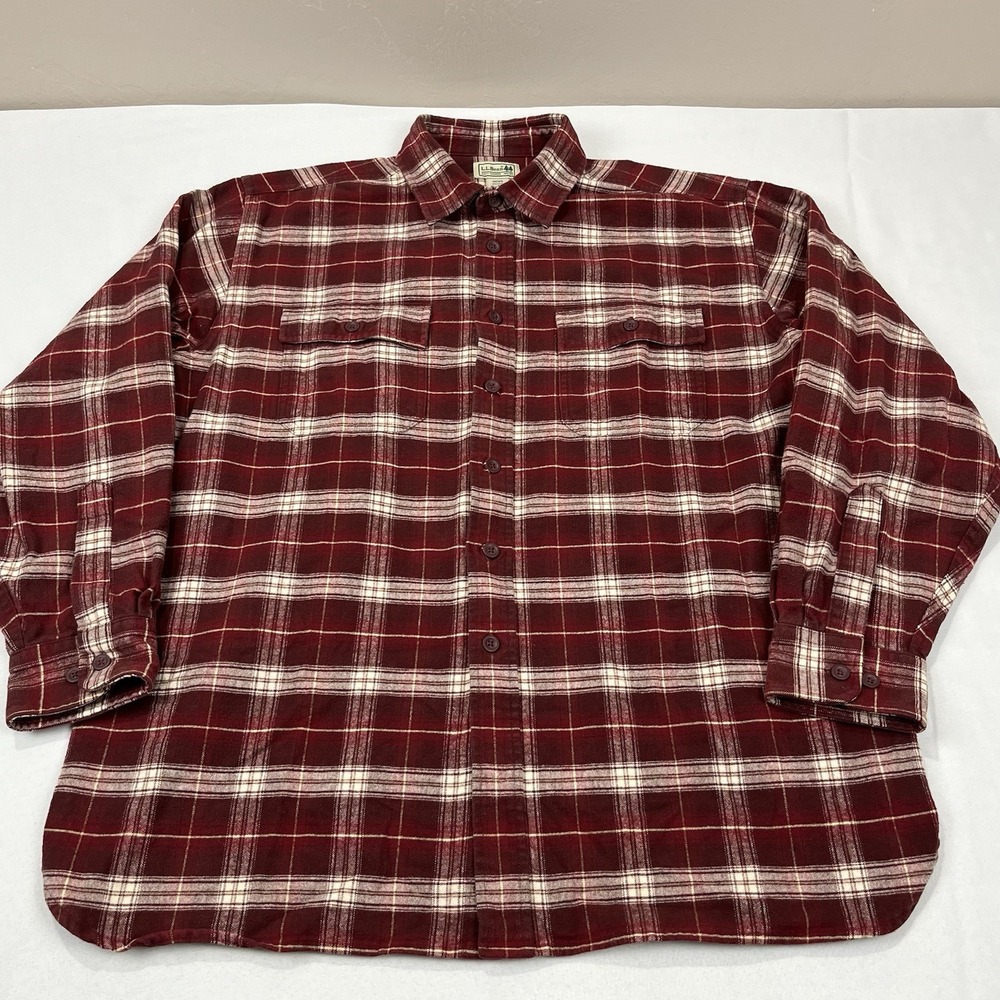 LL Bean Mens XL Red White Plaid Flannel Shirt Long Sleeve Button‎ Front